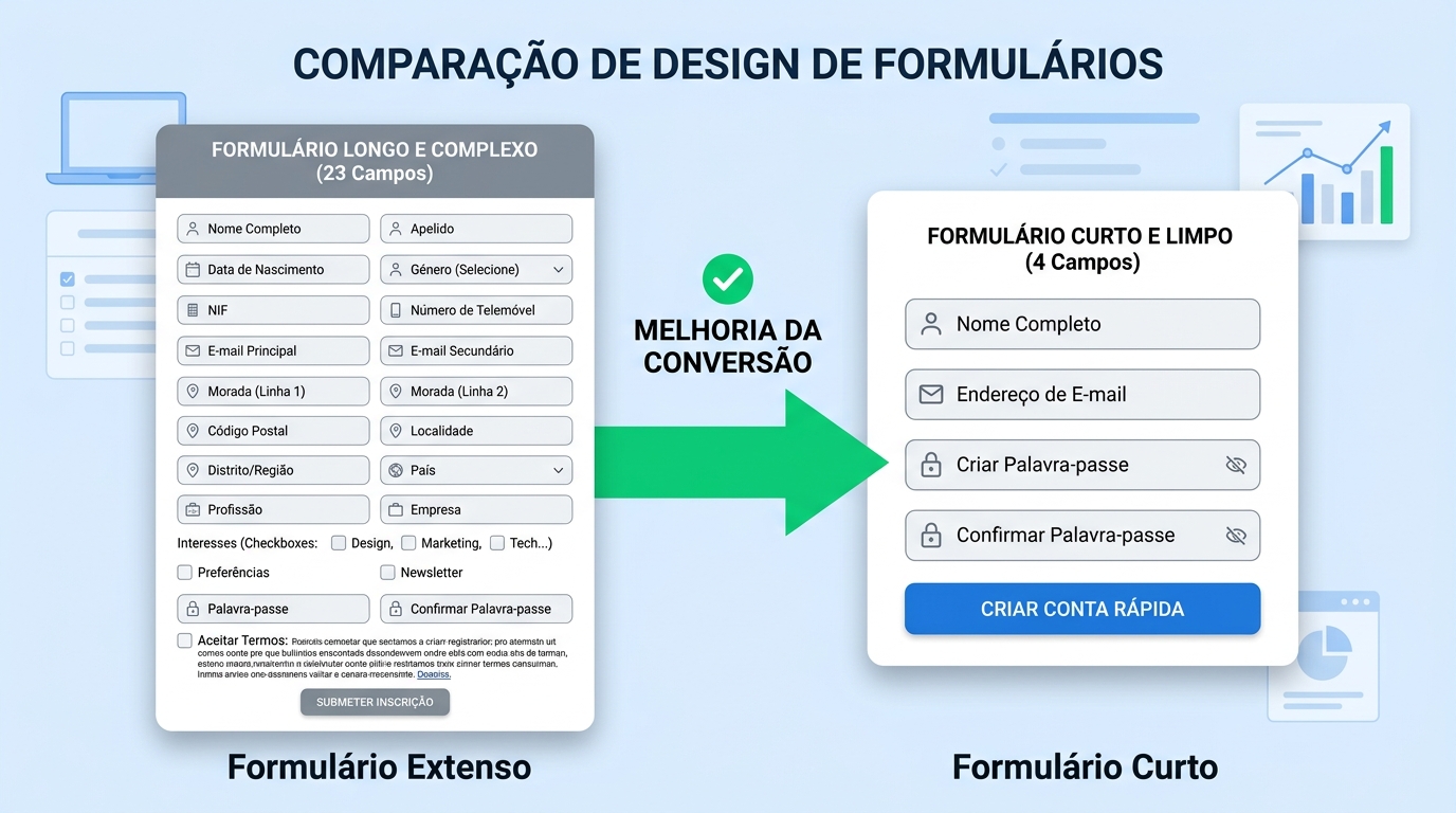Duas versões de um formulário web: um extenso com muitos campos, outro curto e limpo — com seta verde a apontar para o curto.