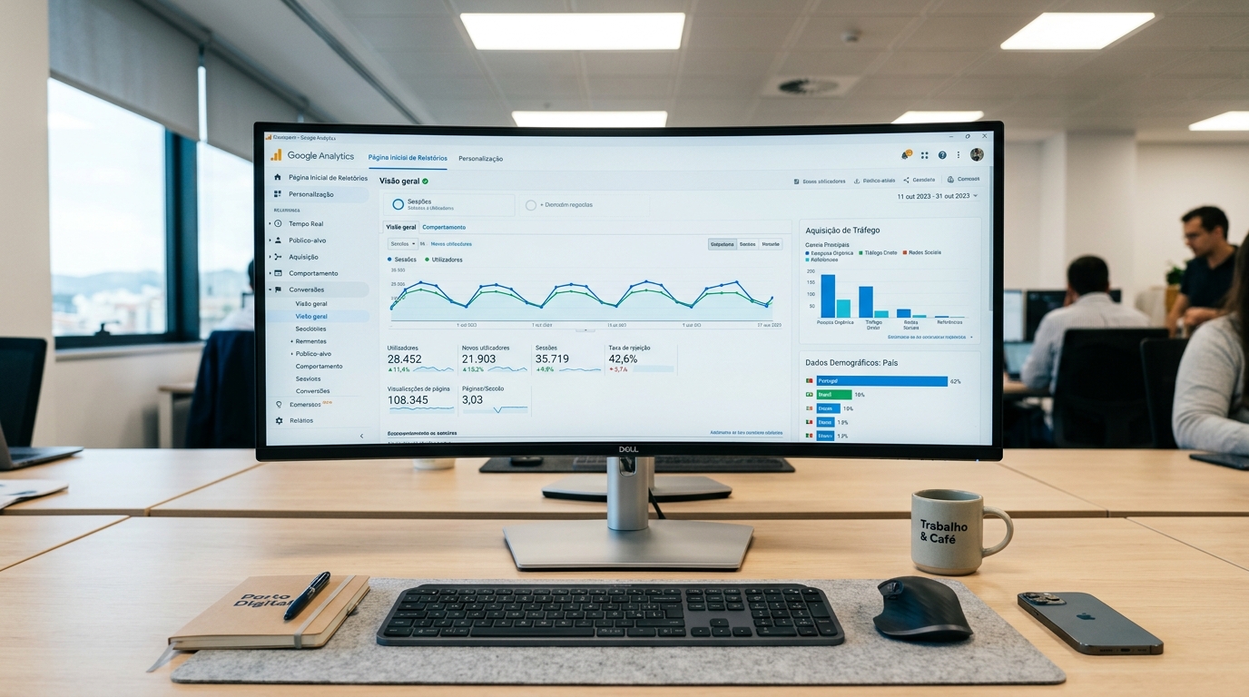 Dashboard do Google Analytics num ecrã widescreen, com gráficos de tráfego e métricas em destaque, ambiente de trabalho organizado.