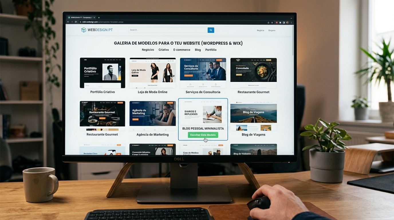 Ecrã de computador com galeria de templates de sites lado a lado, mão no rato a selecionar um template.