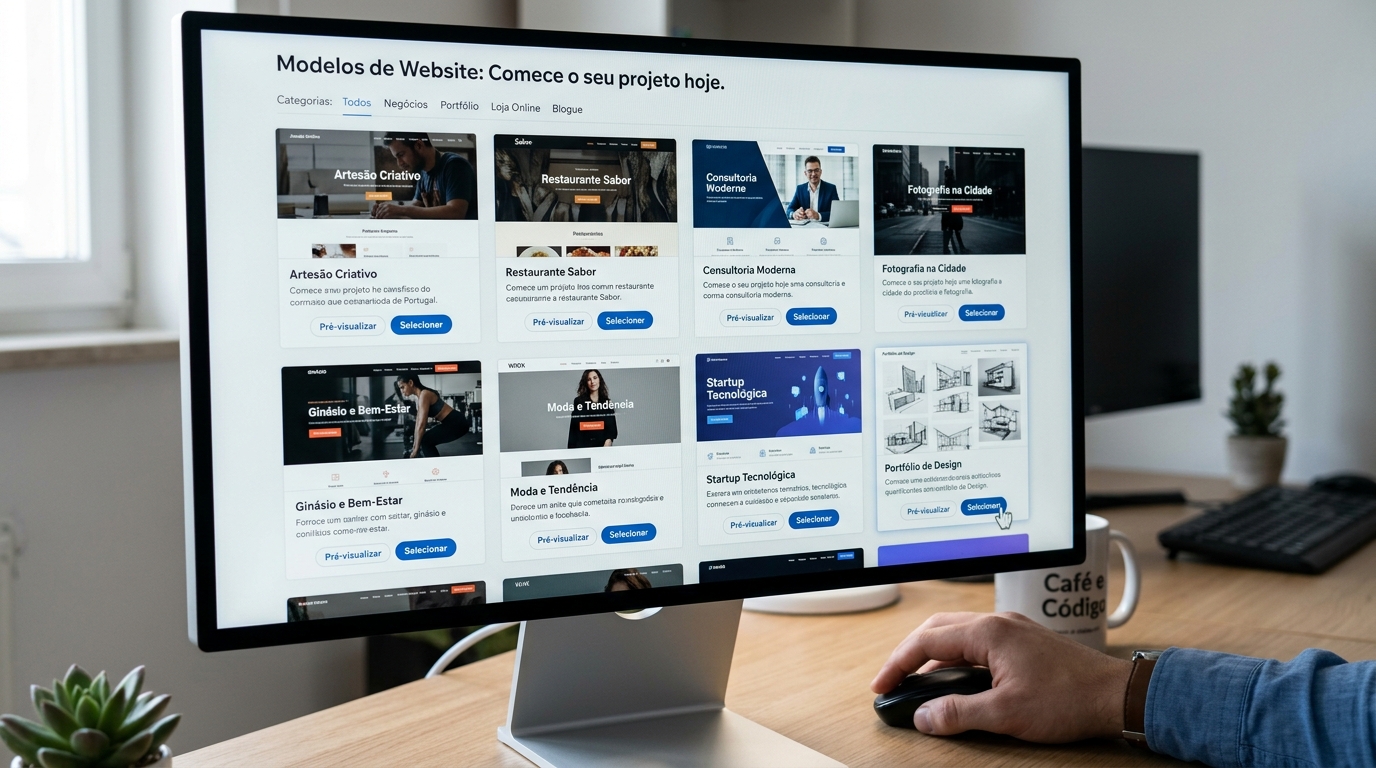 Ecrã de computador a selecionar um modelo de publicação, representando o agendamento automático de conteúdo para redes sociais.