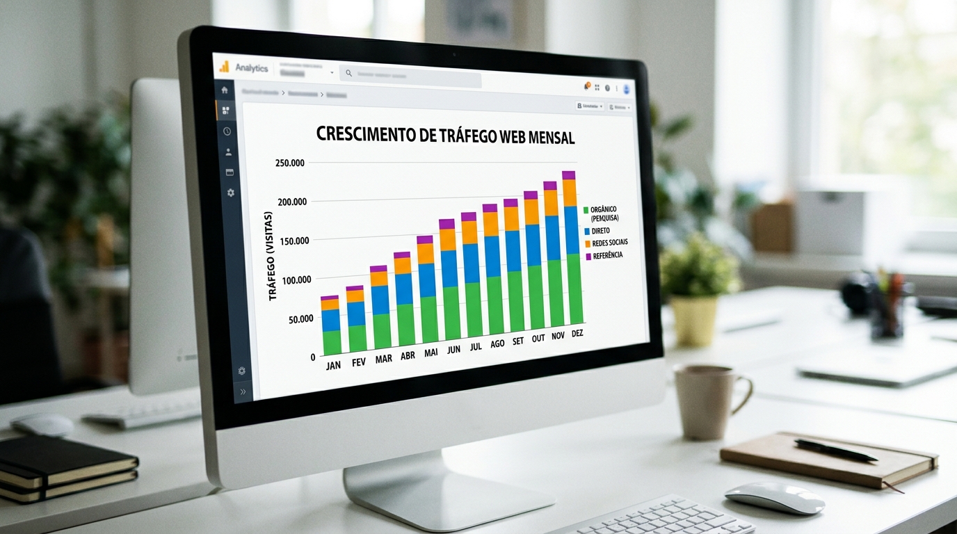 Ecrã de computador com um gráfico de tráfego a crescer, representando o resultado de corrigir os problemas técnicos de SEO de um site.