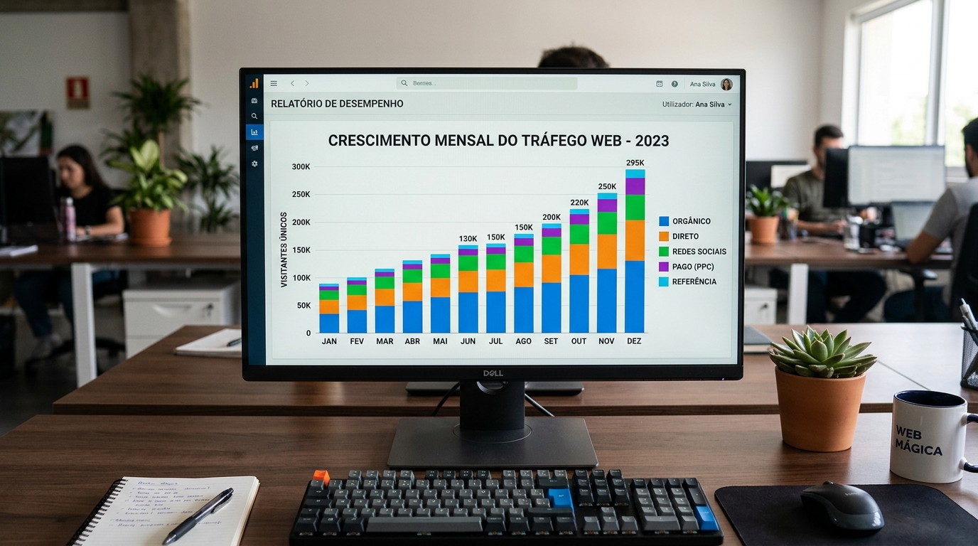 Ecrã de computador com gráfico de barras mostrando crescimento de tráfego web mensal, com canais separados por cores.