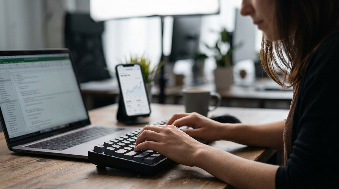 Mãos a trabalhar no teclado com ecrã de analytics ao fundo, representando dados e performance de campanhas.