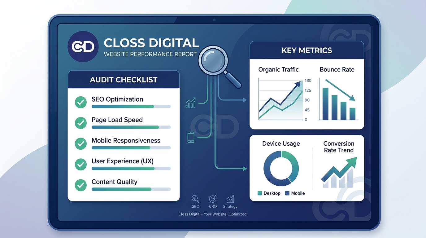 Ilustração: checklist e relatório de análise de website.