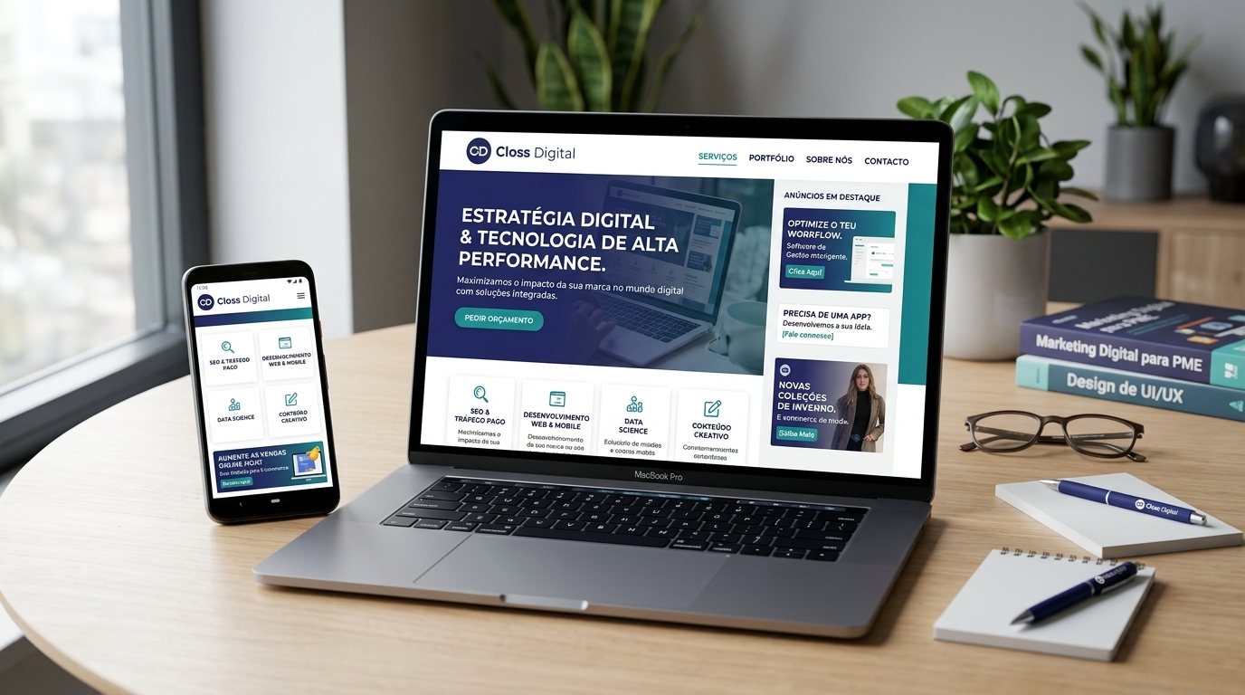 Ilustração: site em portátil e telemóvel com exemplos de anúncios online.