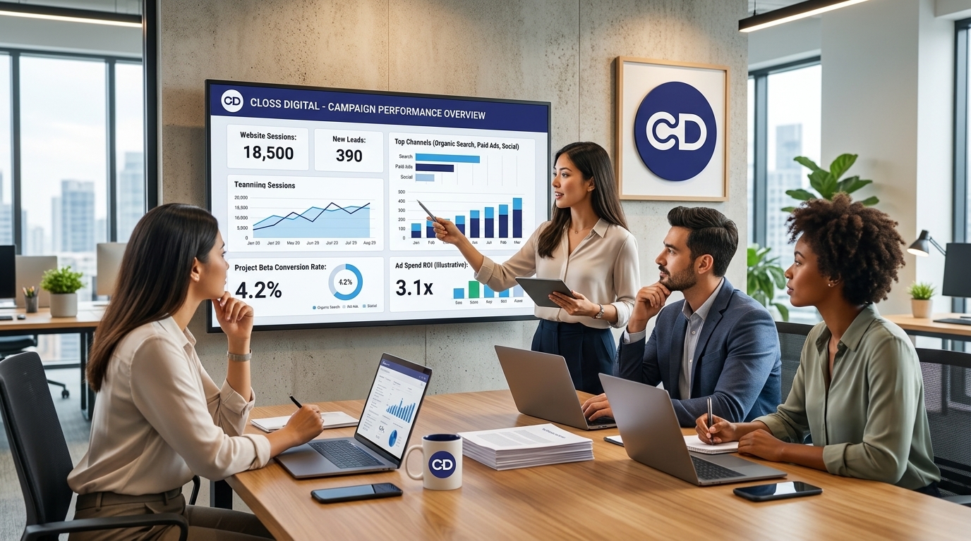 Ilustração: equipa a trabalhar com dashboards e dados num escritório.
