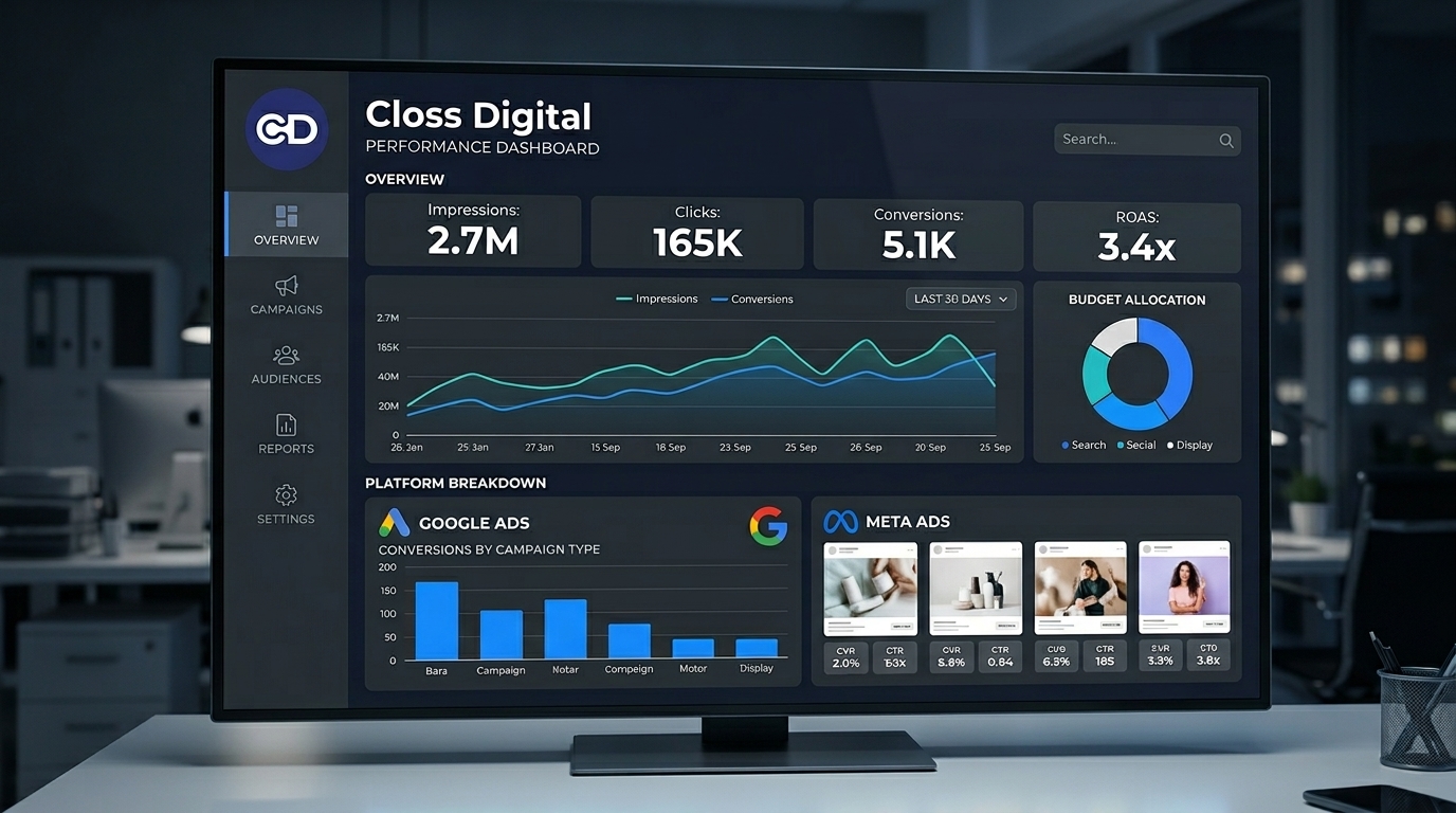 Painel com métricas de campanhas digitais e indicadores de performance.