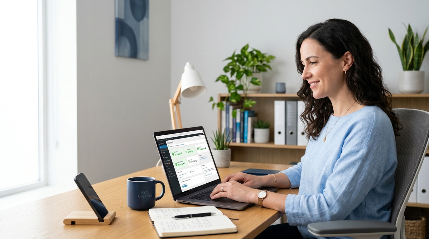 Freelancer a trabalhar no portátil, a gerir a manutenção do site sem complicações.