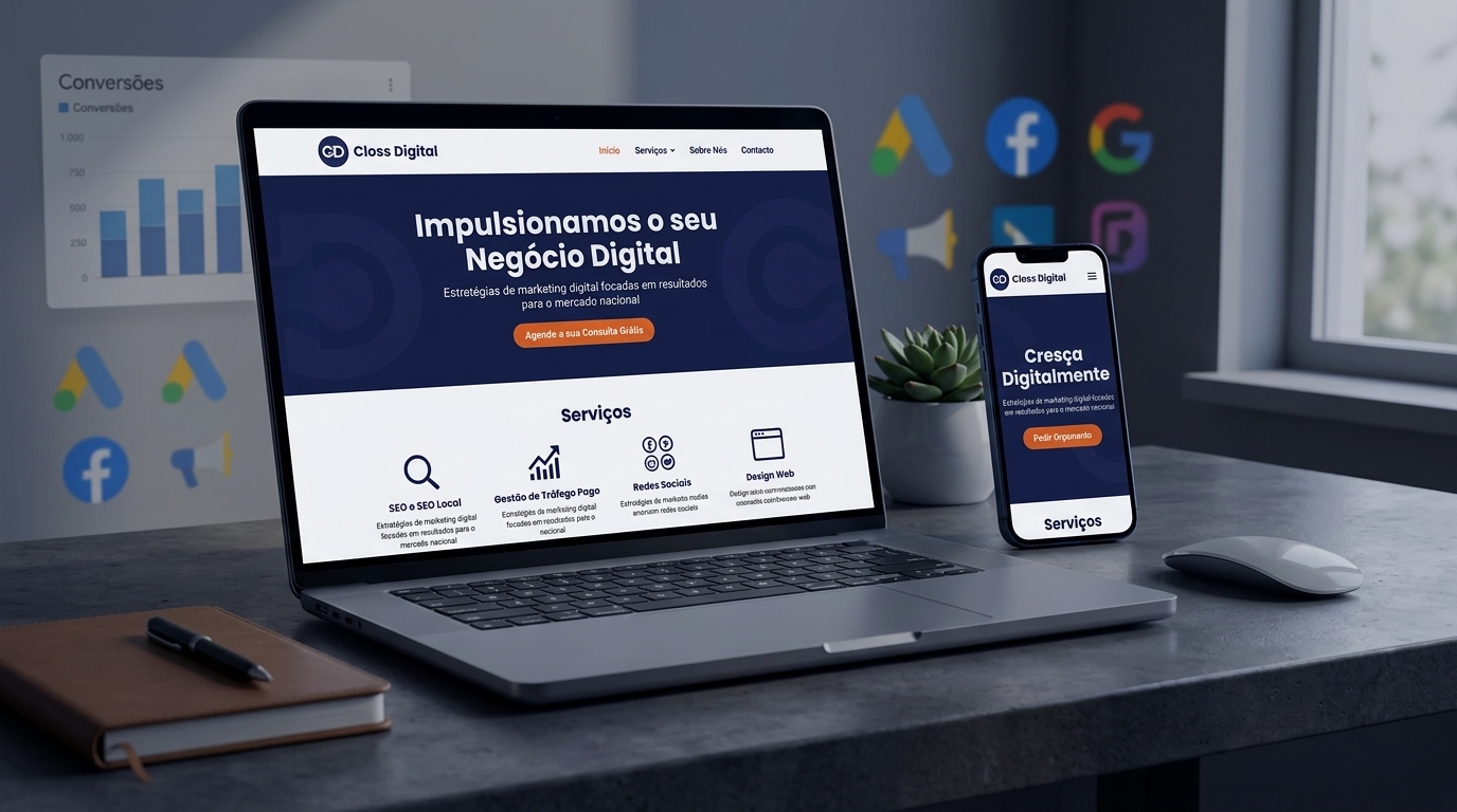 Portátil e telemóvel com website responsivo, representando presença digital integrada.