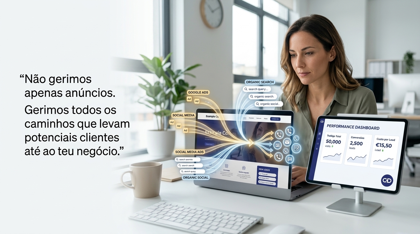 Especialista a analisar dados de marketing e desempenho de tráfego, do clique ao lead.