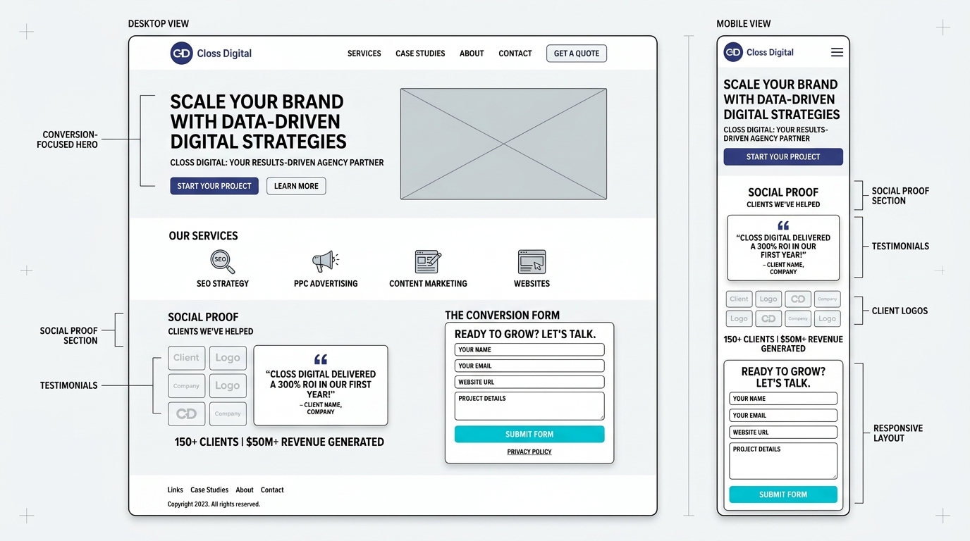 Wireframes de página web em desktop e telemóvel, alusivos a estrutura e conversão.