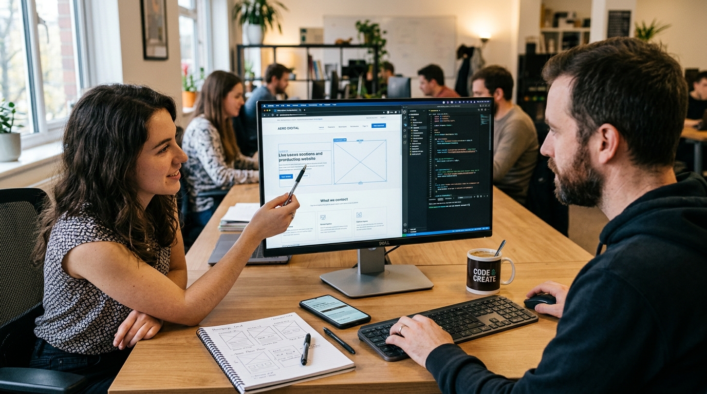 Designer e programador a trabalhar em conjunto na criação de um site.