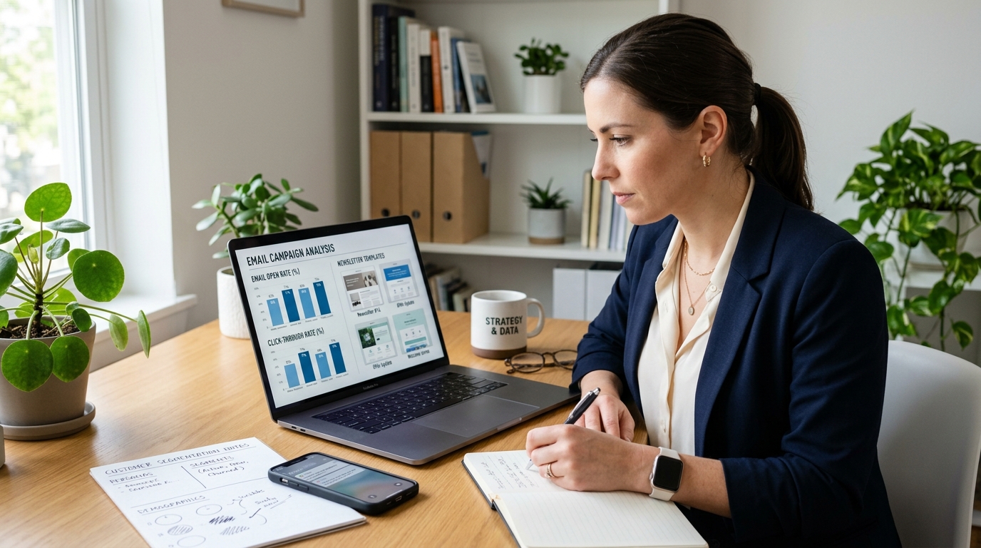 Profissional de marketing a analisar resultados de e-mail marketing.