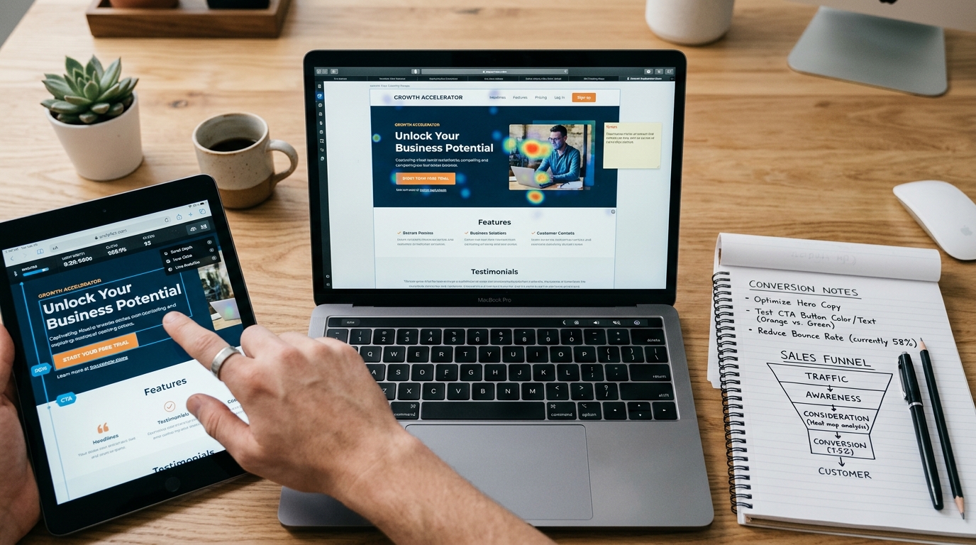 Mão a apontar para uma landing page num ecrã, focada numa única ação de conversão.
