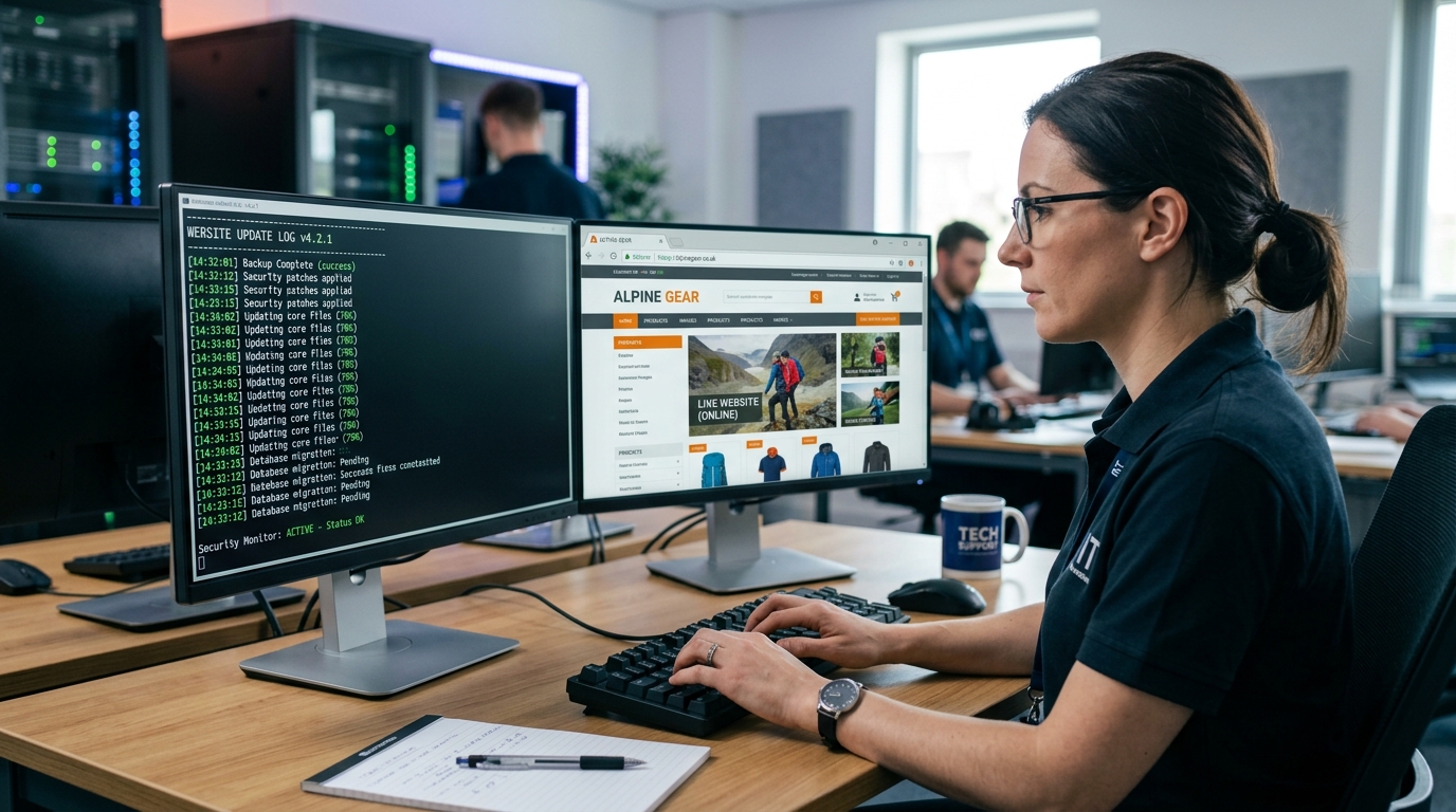 Técnico a efetuar manutenção e atualização de um website em vários ecrãs.