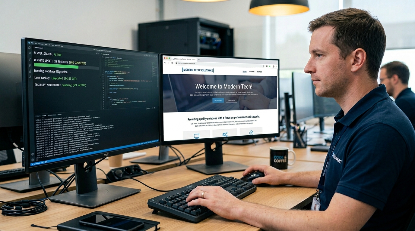 Profissional a analisar e manter um site em vários dispositivos.