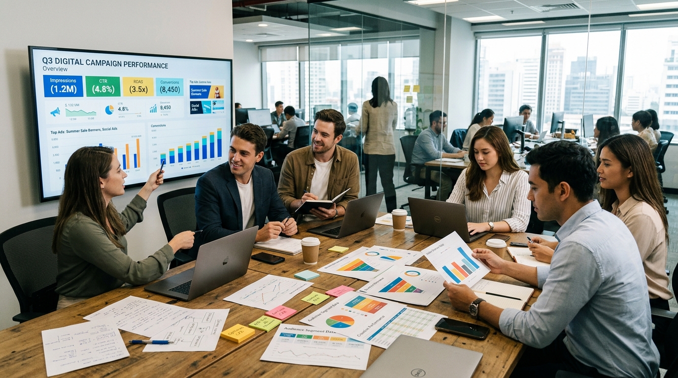 Equipa a analisar campanhas de publicidade digital em ecrãs.