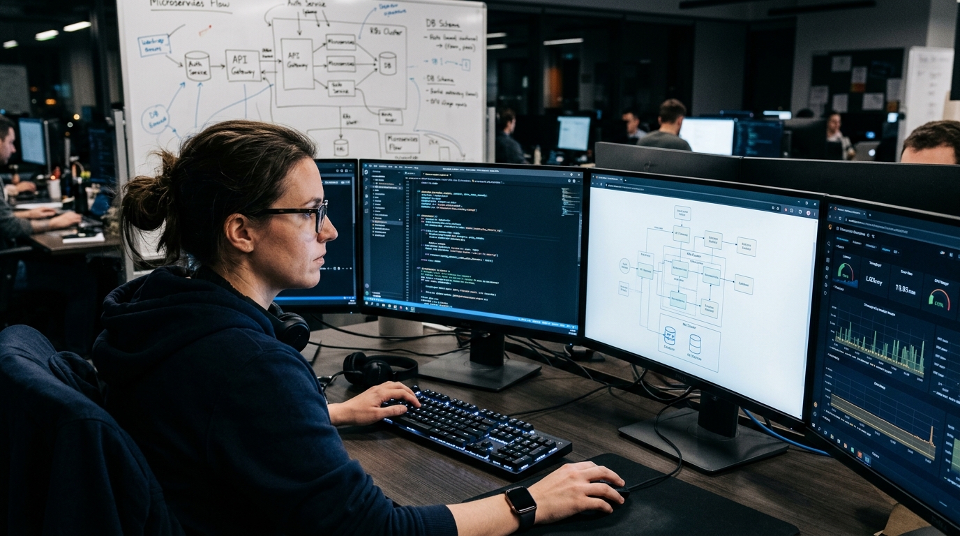 Programador a analisar múltiplos ecrãs e fluxos de sistemas e integrações.